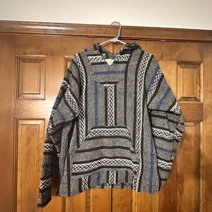 Baja Joe Striped Mexican Baja Hoodie Poncho - Gray/Blue - Small
